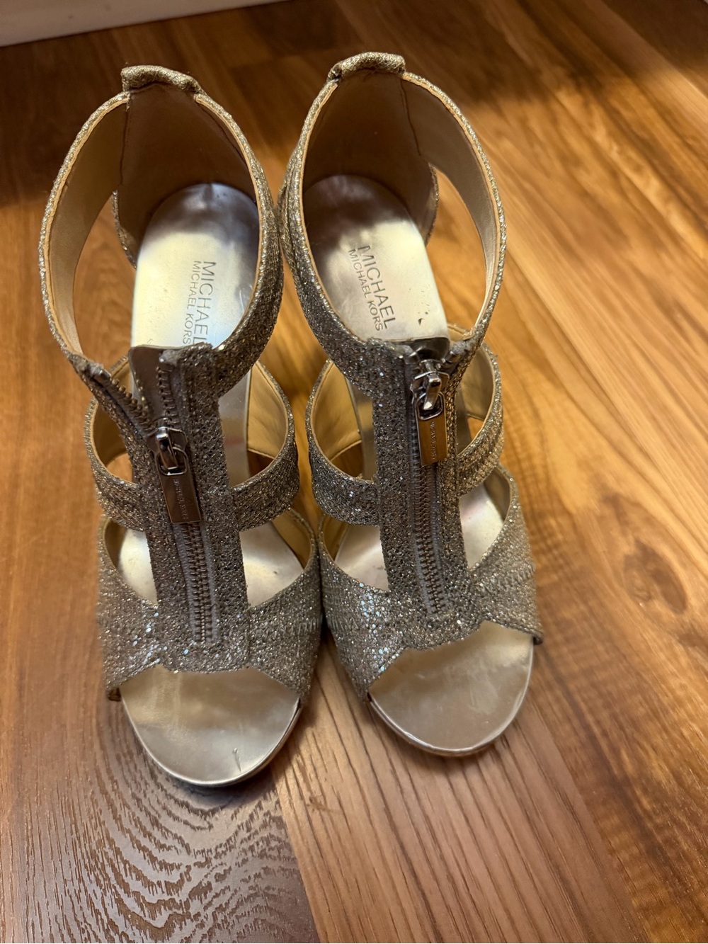 MICHAEL Michael Kors Glitter Zip-Front T-Strap Heels in Gold